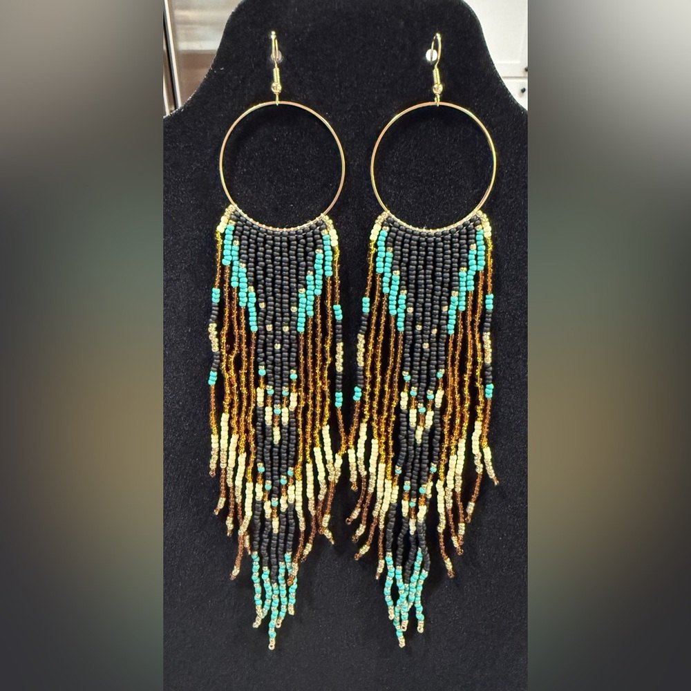 “NEW”Beaded Fringe Hoop Earrings - Black & Turquoise
